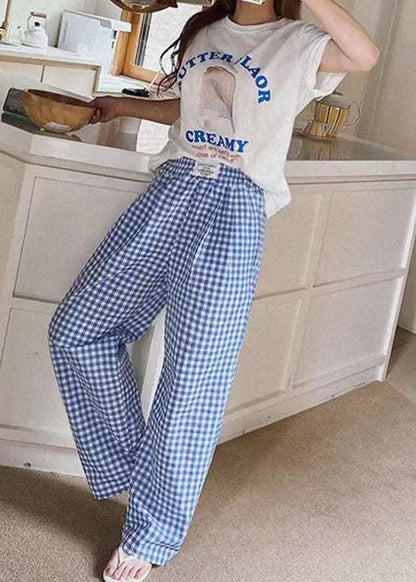 Black Elastic Waist Plaid Linen Wide Leg Pants Spring