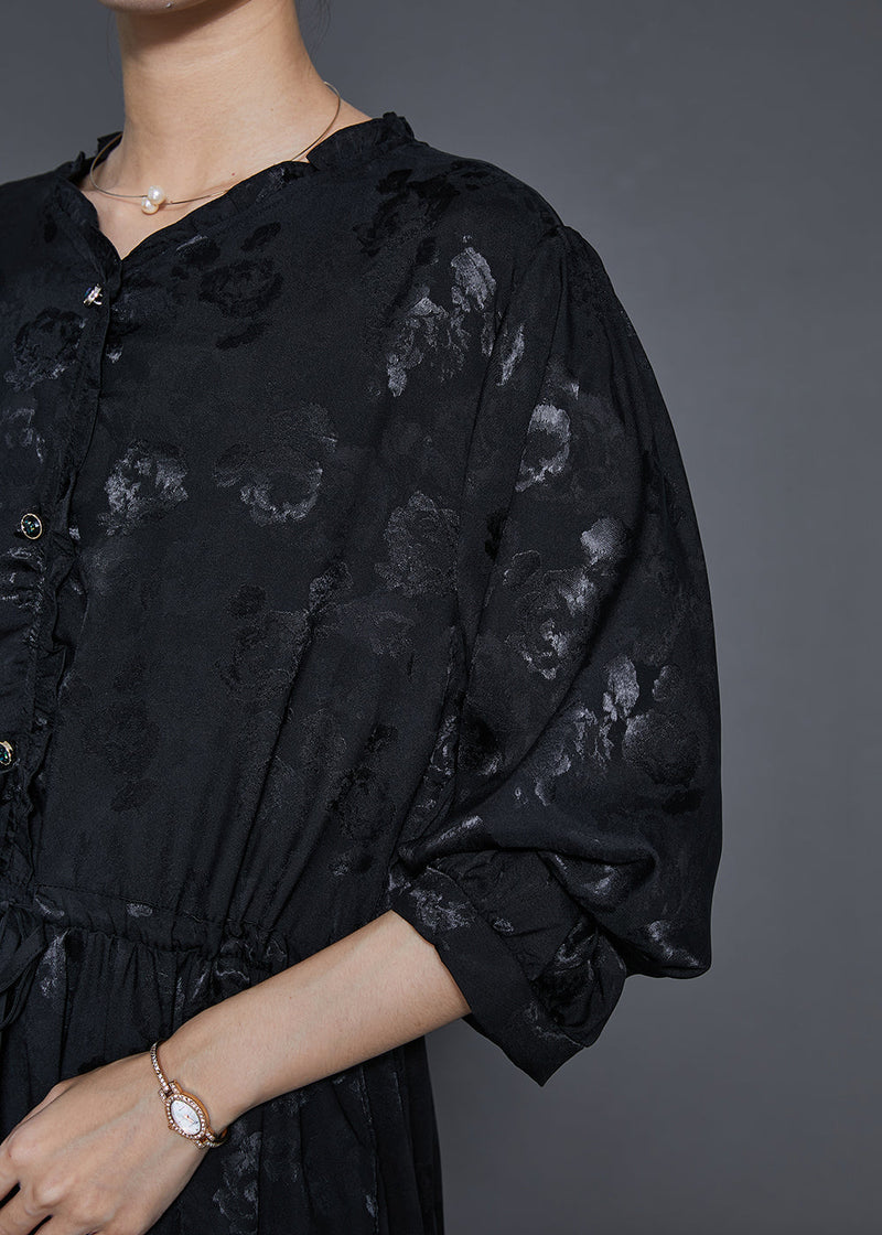 Black Cinched Print Exra Large Hem Silk Dress Fall