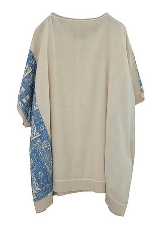 Cotton Linen Patchwork Stitching Split T-shirt