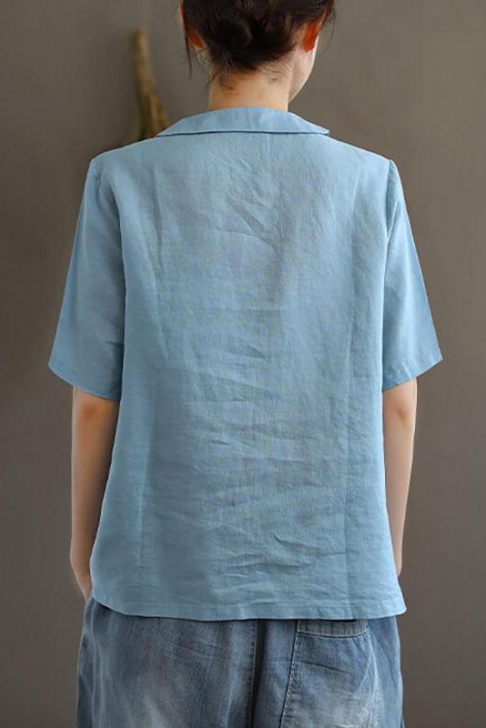 Embroidered Turn Down Collar Linen Retro T-shirt