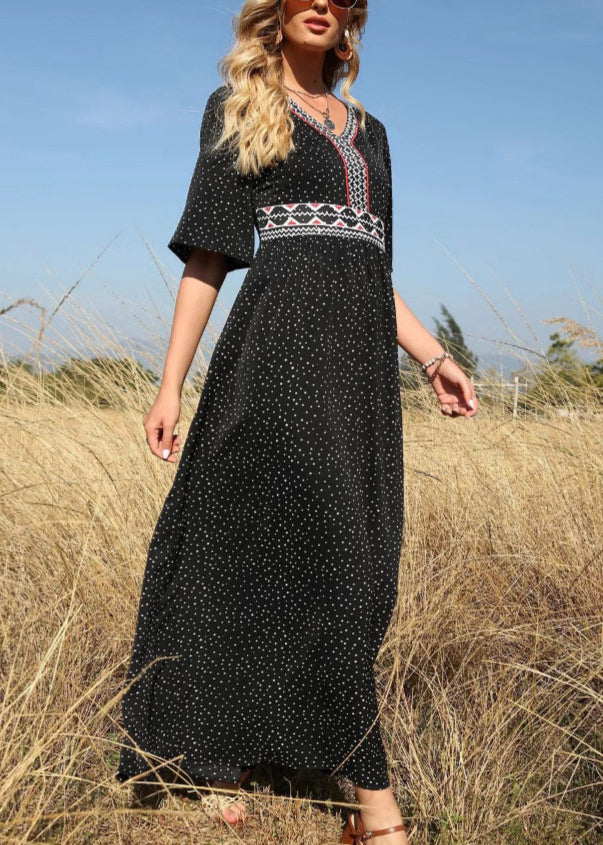 Black V Neck Print High Waist Cotton Long Dress Half Sleeve