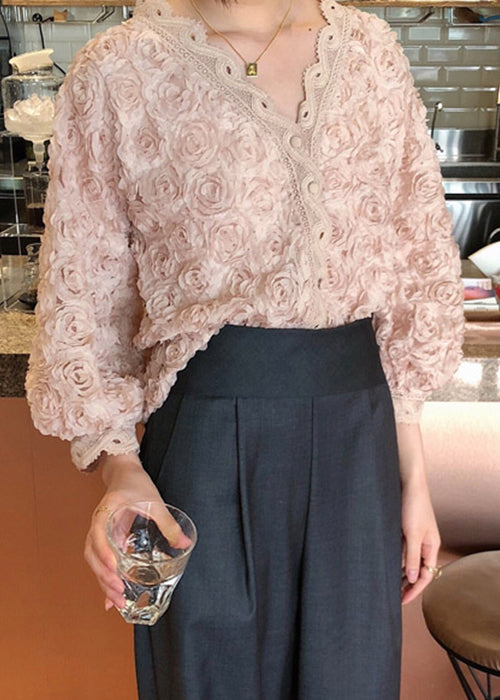 Pink V Neck Button Lace Blouses Bracelet Sleeve