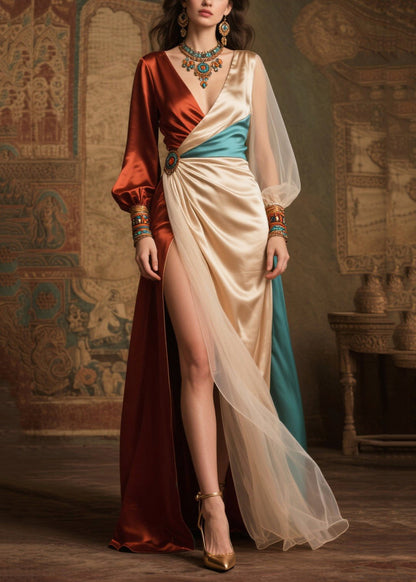 Champagne Asymmetrical Patchwork Silk Vacation Dresses Summer