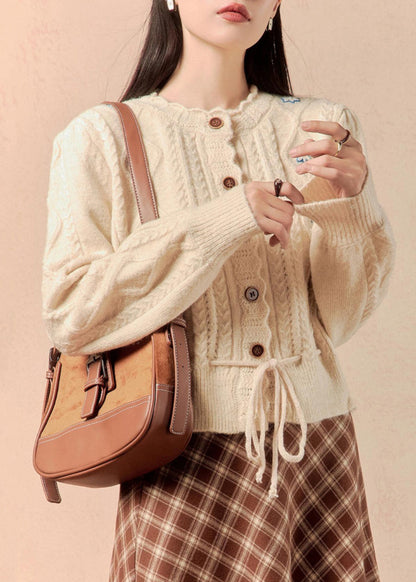 Beige Button Lace Up Knit Sweater Winter