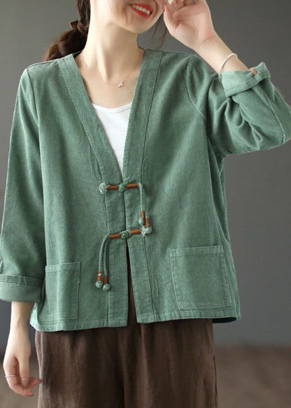 Green Tasseled Pockets Patchwork Corduroy Coat Fall
