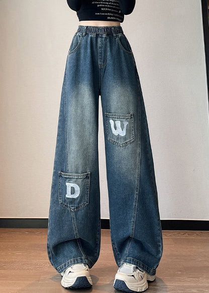 Blue Letter Pockets Elastic Waist Denim Pants Fall