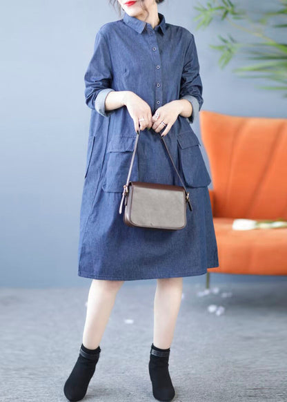 New Blue Peter Pan Collar Pockets Denim Shirts Dress Fall