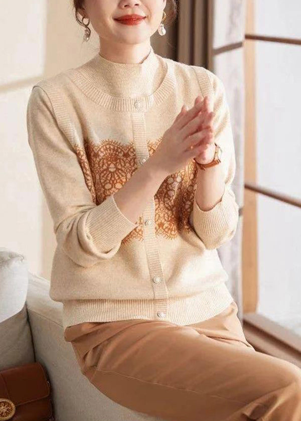 Beige O Neck Print Patchwork Woolen Sweater Spring