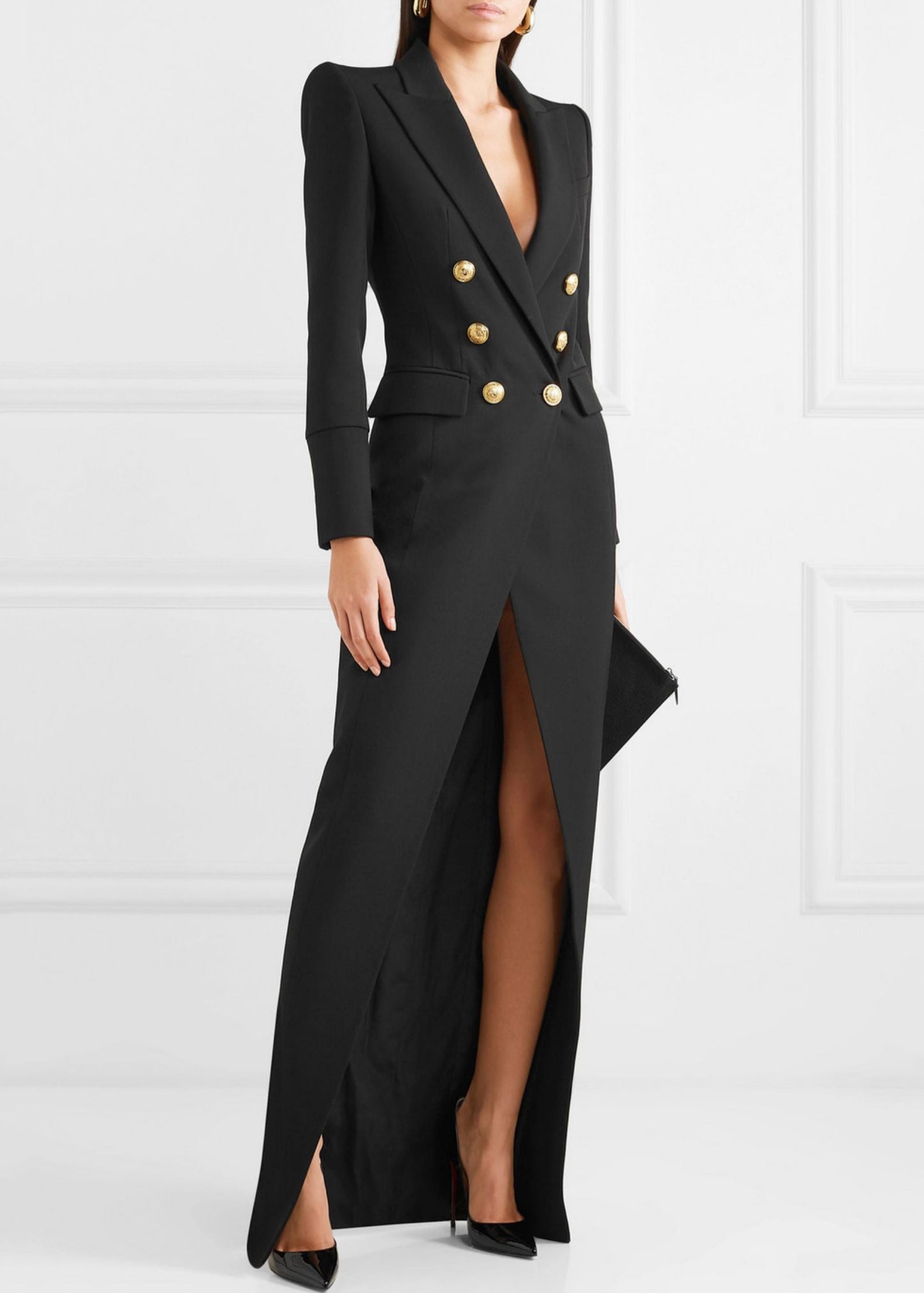 Stylish Black Peter Pan Collar Button Long Suit Coat Fall