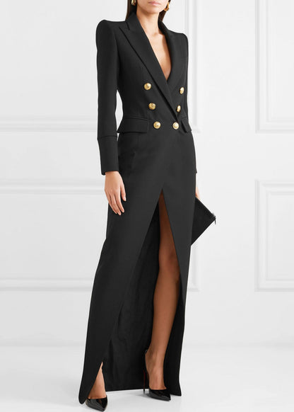 Stylish Black Peter Pan Collar Button Long Suit Coat Fall