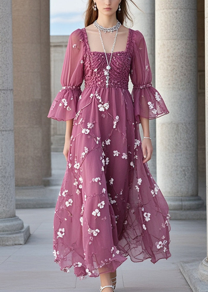 Purple Square Collar Print Chiffon Holiday Dress Summer