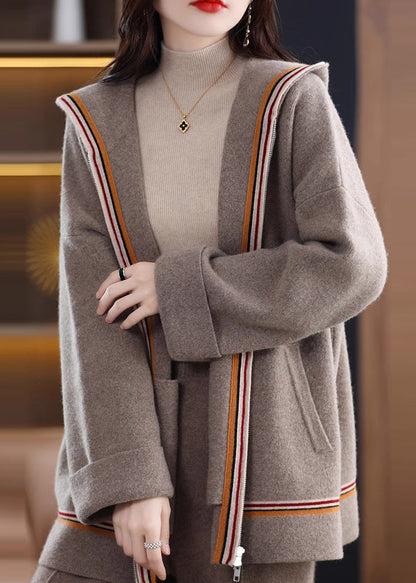 Camel Pockets Cashmere Hooded Cardigans Fall