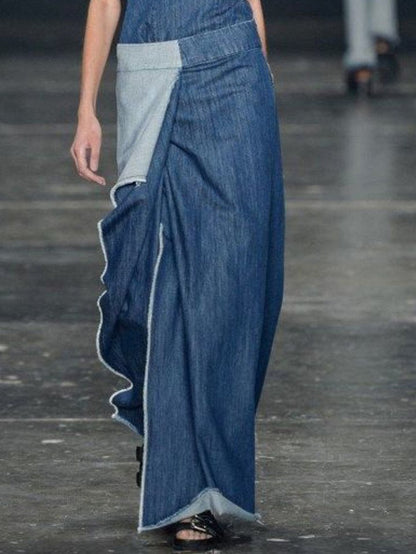 Plain Spliced Sleeveless Maxi Denim Dress