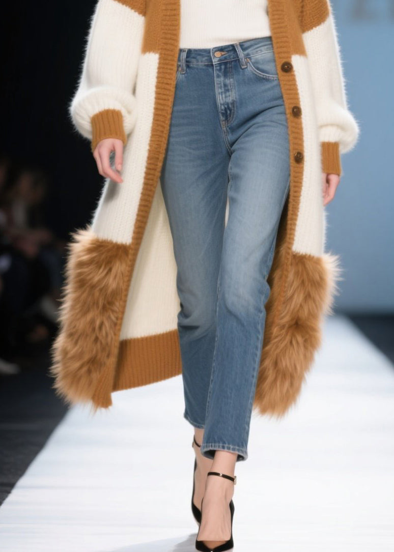 Colorblock Oversized Patchwork Faux Fur Knit Long Cardigans Winter
