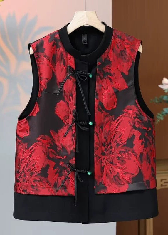 Red O Neck Print Button Silk Waistcoat Sleeveless
