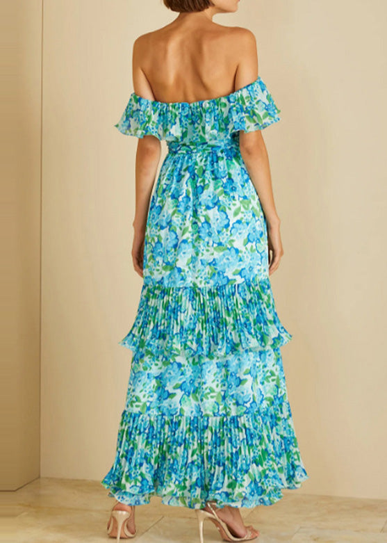 Green Cold Shoulder Ruffled Print Chiffon Vacation Dresses Summer