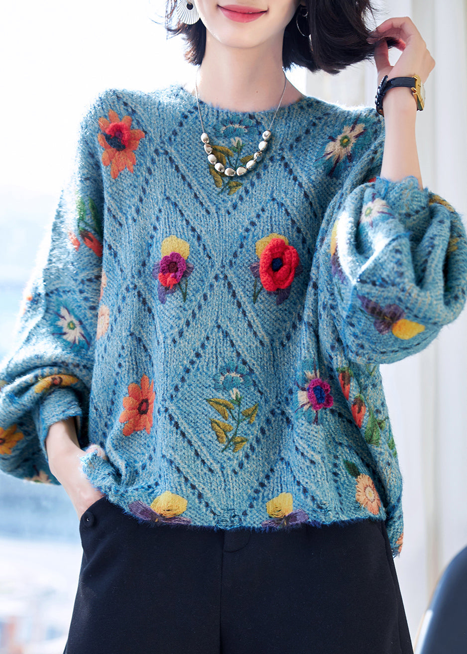 Blue O-neck Hollow Out Knit Sweaters Fall