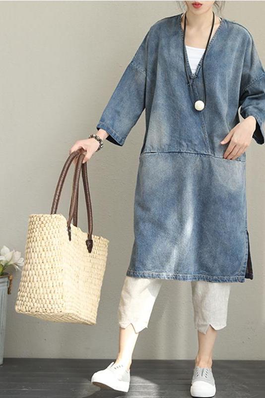 Loose Blue Denim Dresses Cotton Fall Outfits