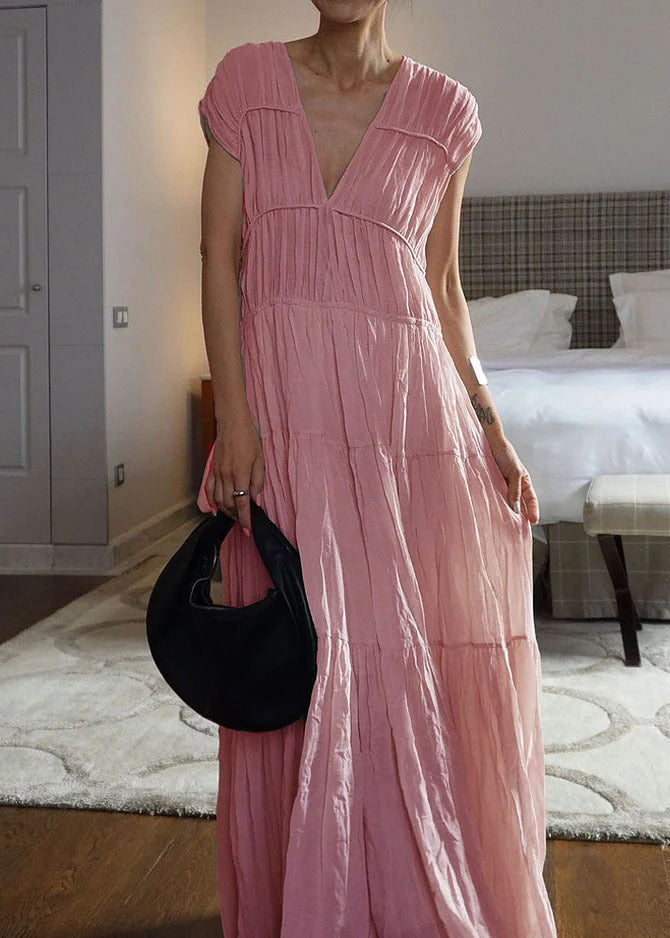 New Grey V Neck Wrinkled Cotton Long Dress Summer