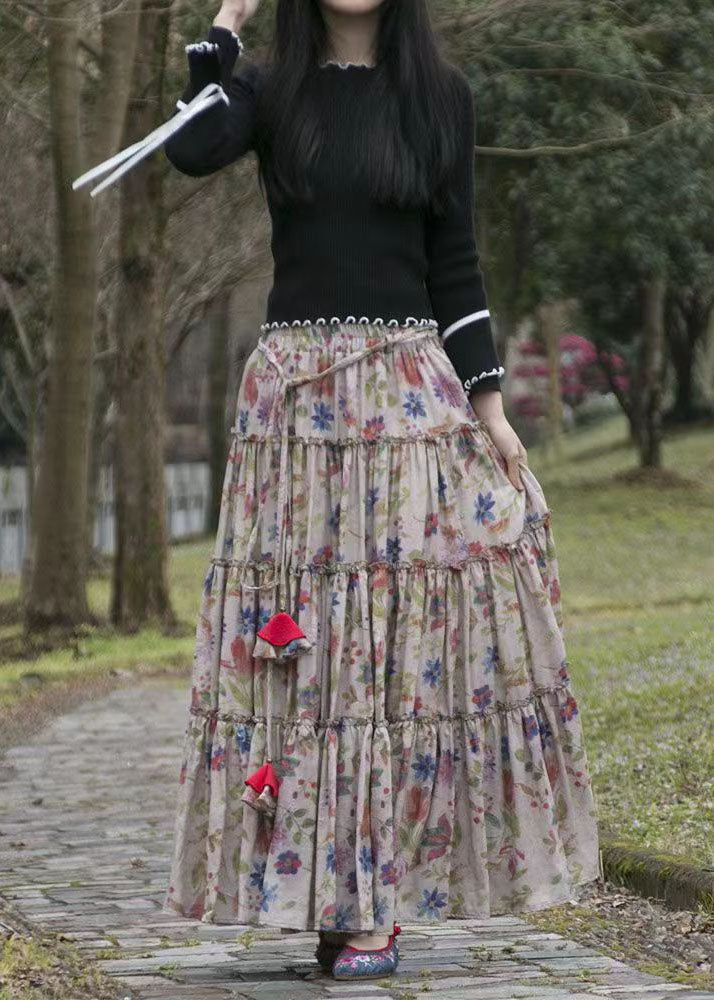 Loose Cinched Print Elastic Waist Patchwork Cotton Skirts Summer