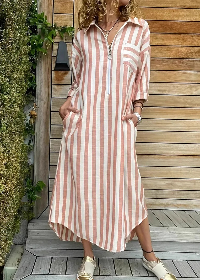 Grey Peter Pan Collar Striped Cotton Dresses Fall