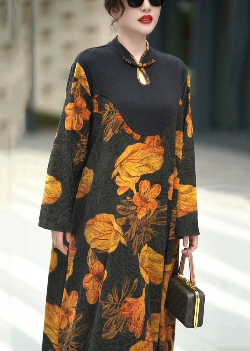 Yellow Button Print Silk Long Dresses Fall