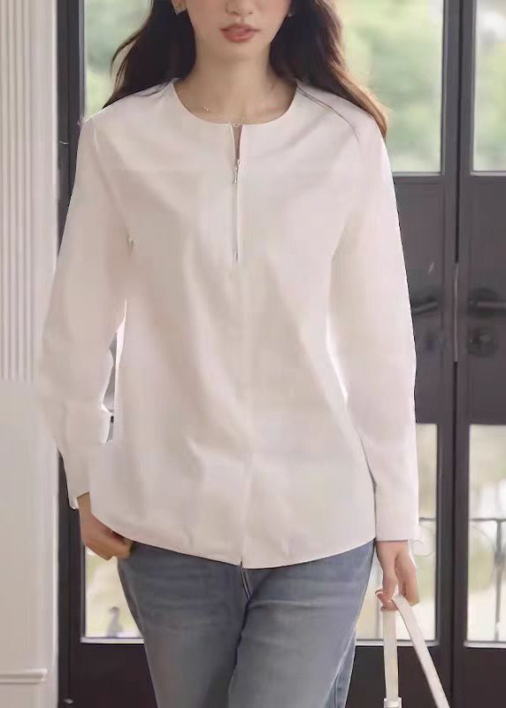 White O-neck Zip Up Cotton Shirt Fall