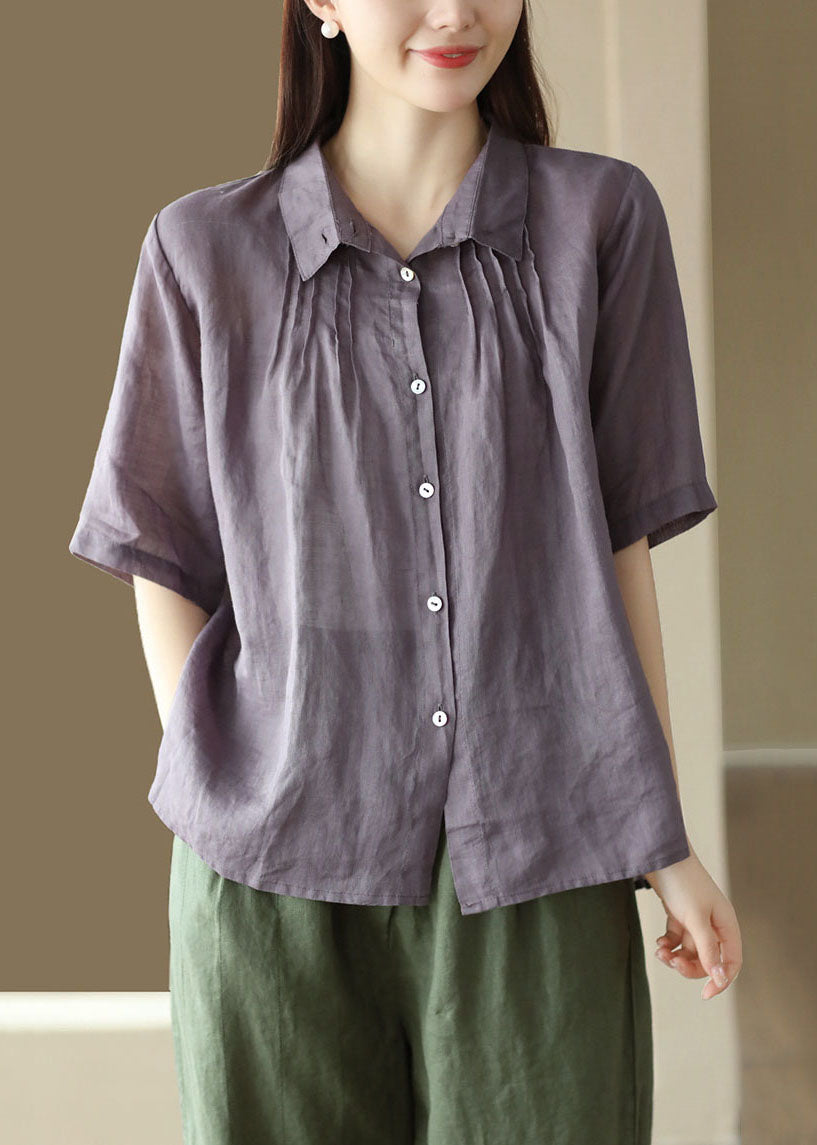 Beige Patchwork Linen Shirt Tops Wrinkled Button Half Sleeve