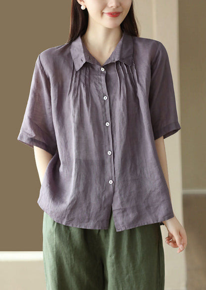 Beige Patchwork Linen Shirt Tops Wrinkled Button Half Sleeve