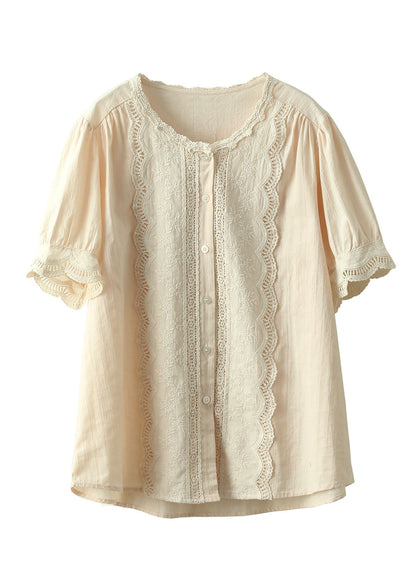 Apricot Hollow Out Embroidered Patchwork Cotton Blouses Summer