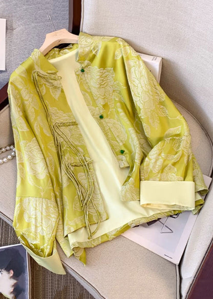 Yellow Tasseled Button Print Silk Coat Fall
