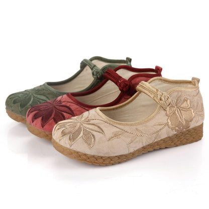 Buckle Strap Flat Feet Shoes Green Embroidered Cotton Fabric