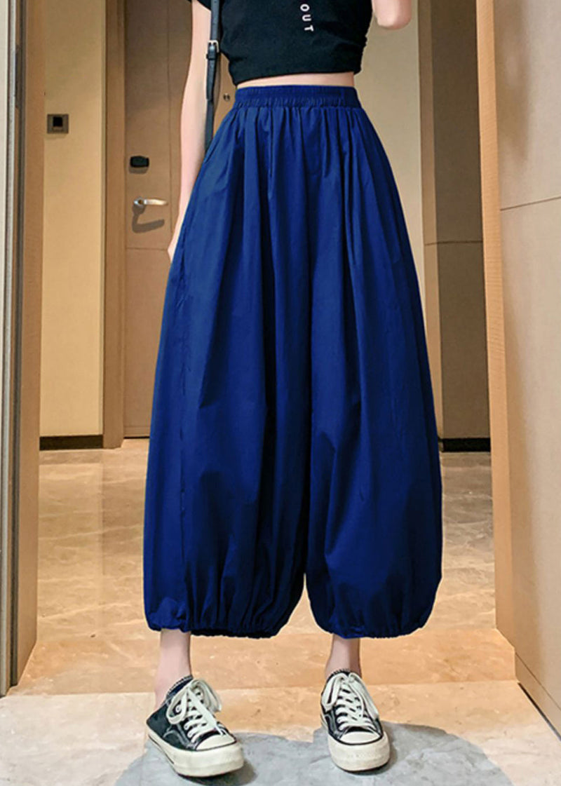 Blue Pockets Elastic Waist Crop Pants Summer