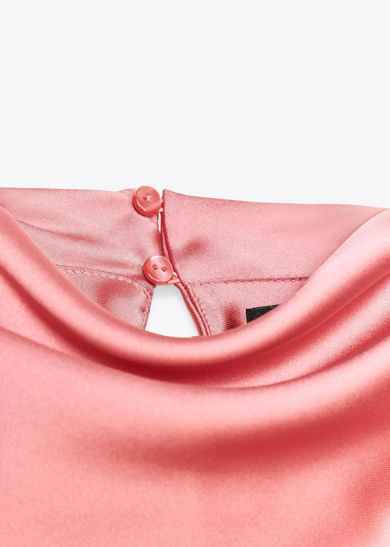 Slim Fit Pink Turtleneck Button Silk Long Dress Sleeveless