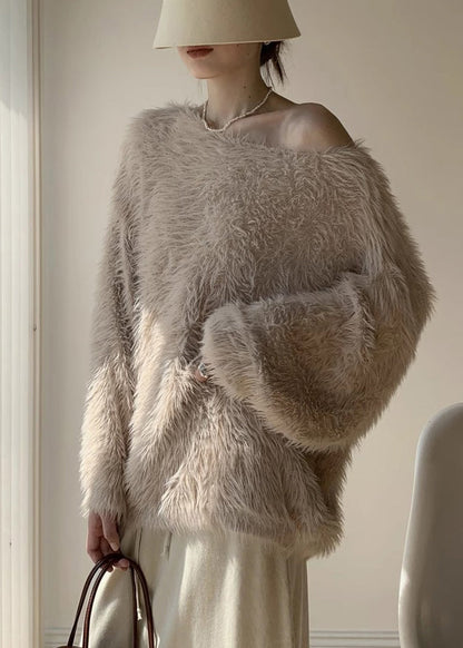 Khaki Cozy Loose Mink Velvet Winter Sweaters O-neck