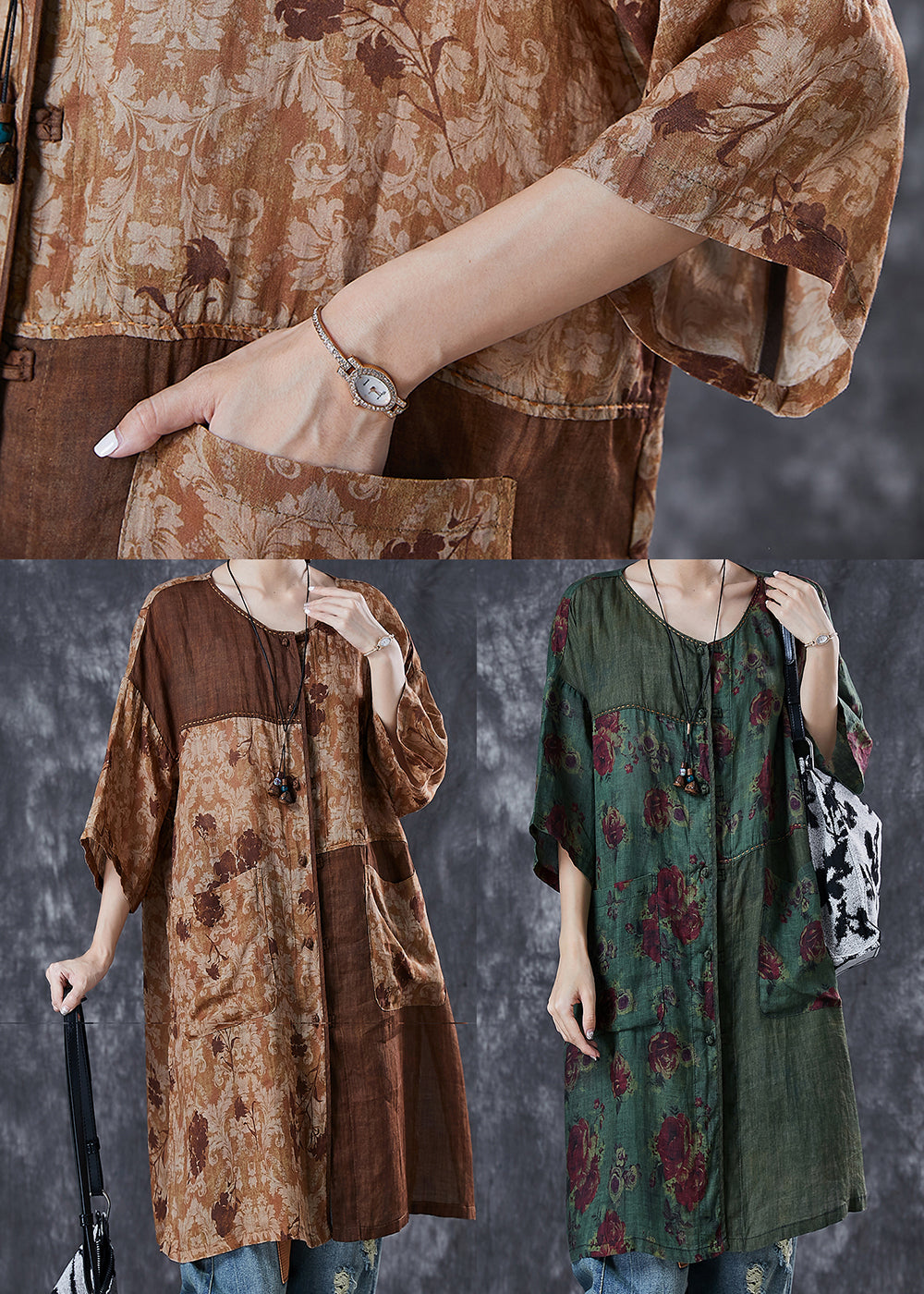 Khaki Oversized Patchwork Linen Dresses Summer