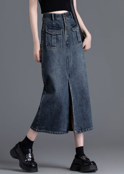 Silm Fit Navy High Waist Side Open Denim Straight Skirt Spring