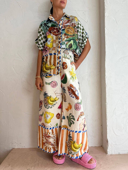 Fruit Print Tropical Shirt Elastic Waist Pocket Wide Leg Pants Suit