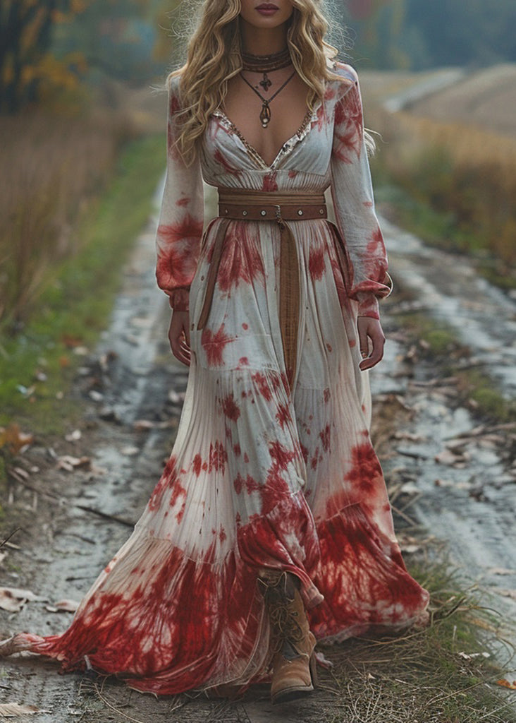 V Neck Tie Dye Wrinkled Patchwork Cotton Dresses Long Sleeve