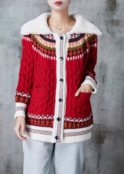 Red Peter Pan Collar Print Knit Cardigan Spring