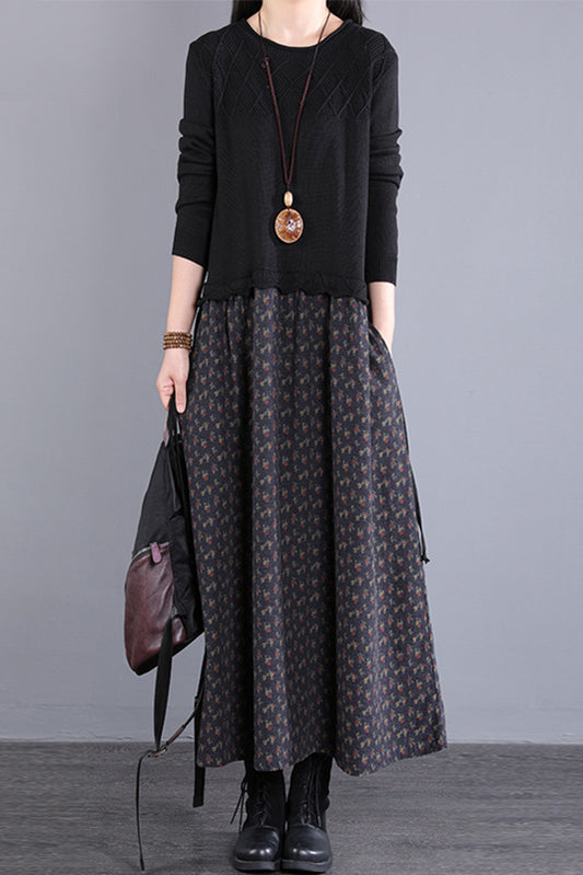 Fall Stitching Long Dress Retro Black Knitted Dress