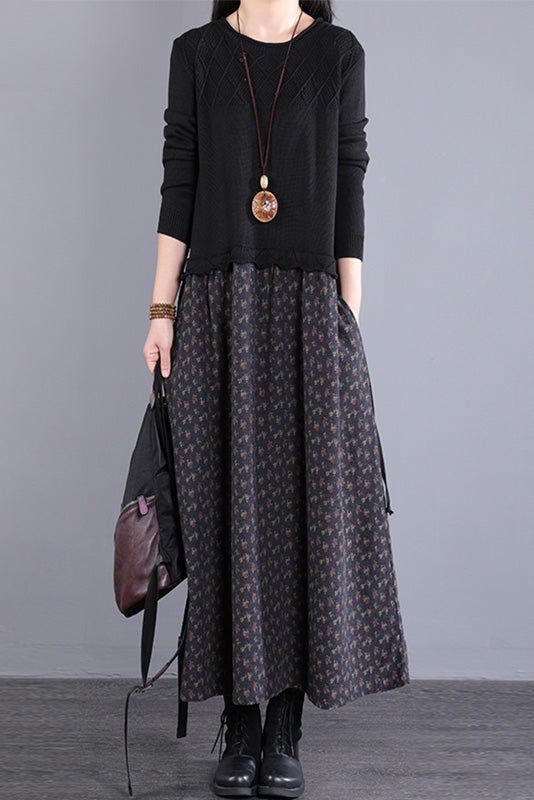 Fall Stitching Long Dress Retro Black Knitted Dress