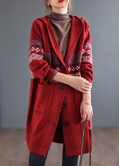 Red Pocket Print Knitted Coats Cardigans Hooded Long Sleeve