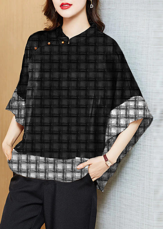 Black Mandarin Collar Asymmetrical Patchwork Jacquard Silk Shirts Batwing Sleeve