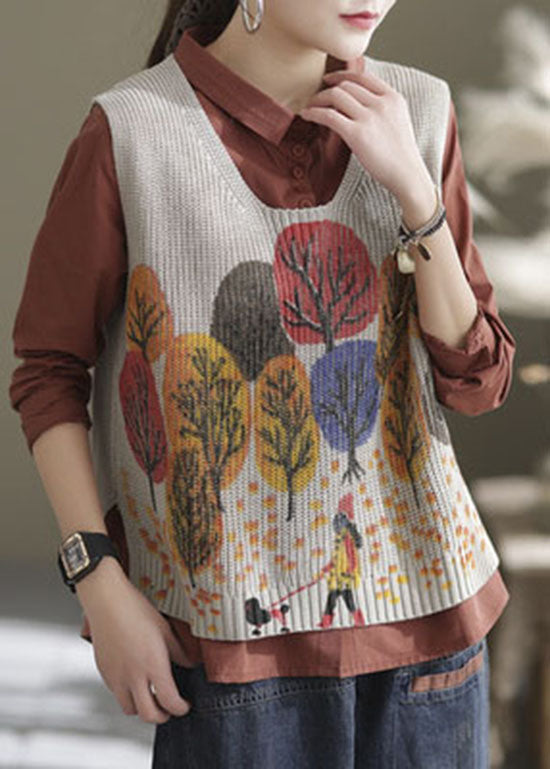 Natural Beige Print Knit Vest Sleeveless