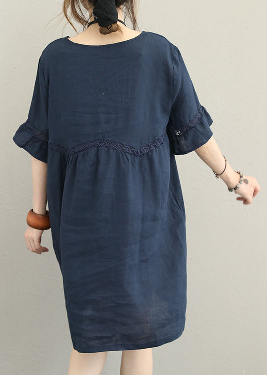 Fine Dark Blue Linen Knee Dress Oversized Linen Cotton Dress Boutique Flare Sleeve Lace Patchwork Linen Clothing Dress