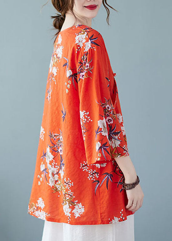Loose Red V Neck Print Cotton Top Summer