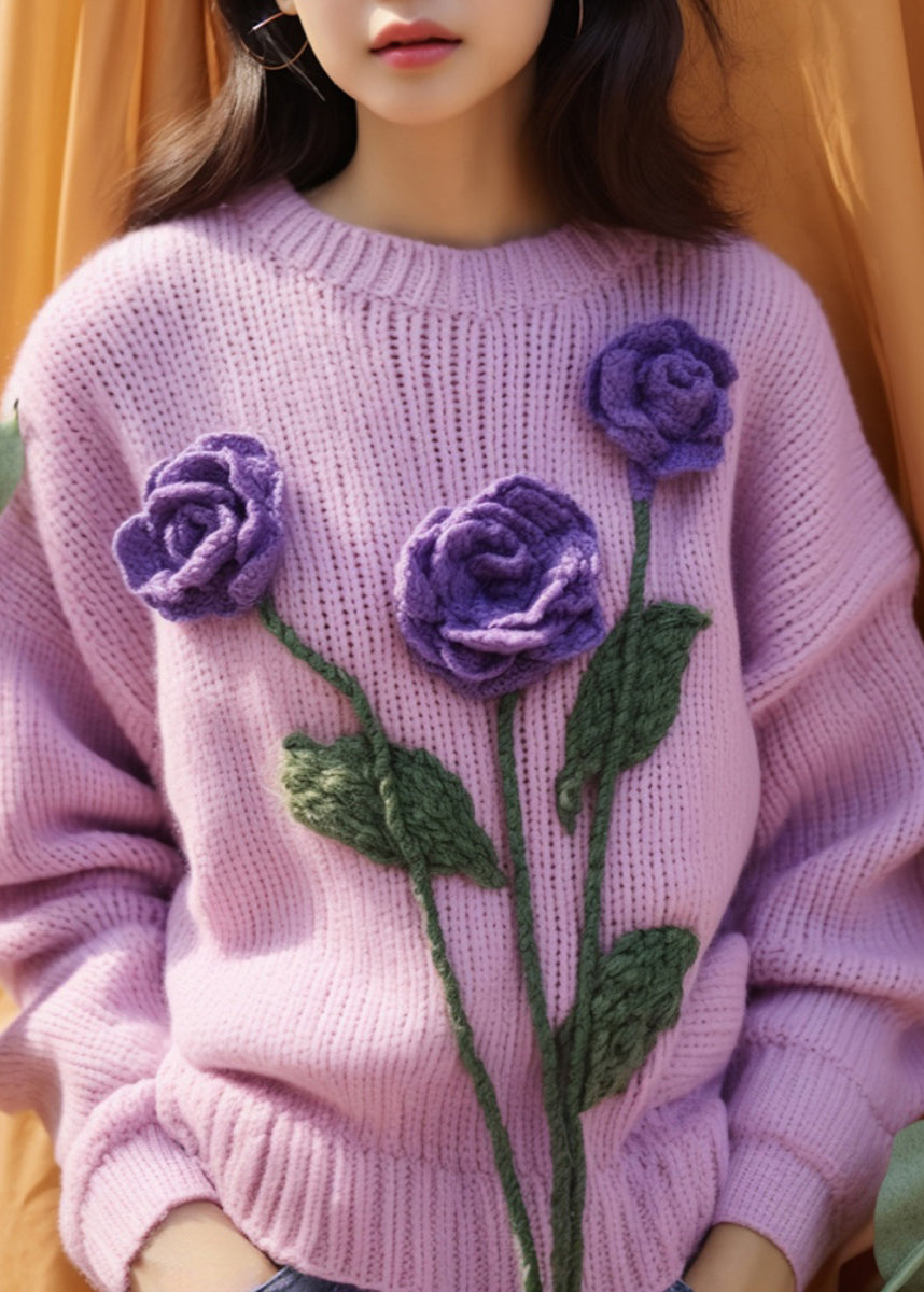 Purple Hollow Out Knit Sweaters Winter
