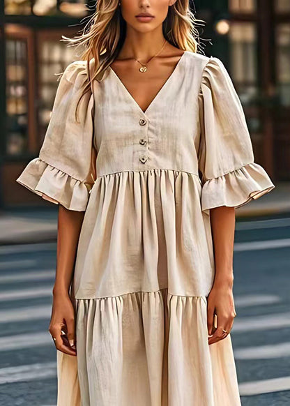 Beige V Neck Wrinkled Patchwork Linen Dresses Summer