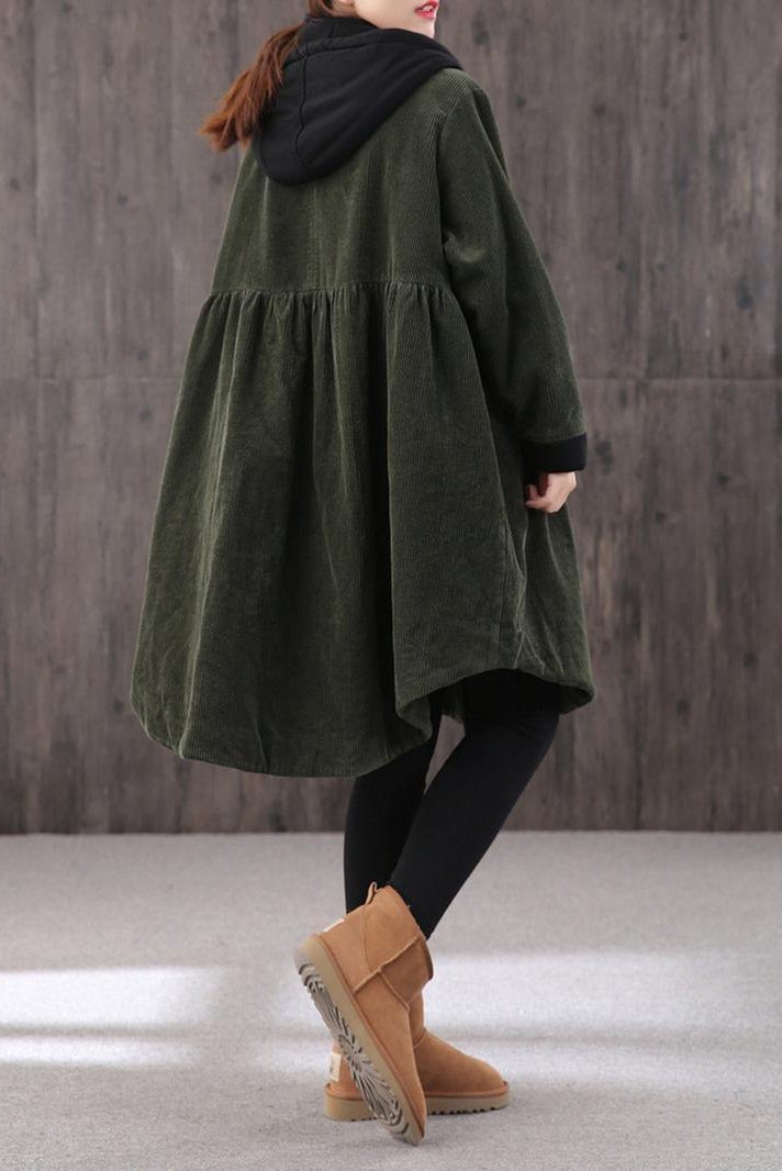 Mid-length Retro Winter Padded Warm Corduroy Coat Hooded Green Trench Coat Corduroy Over Coat